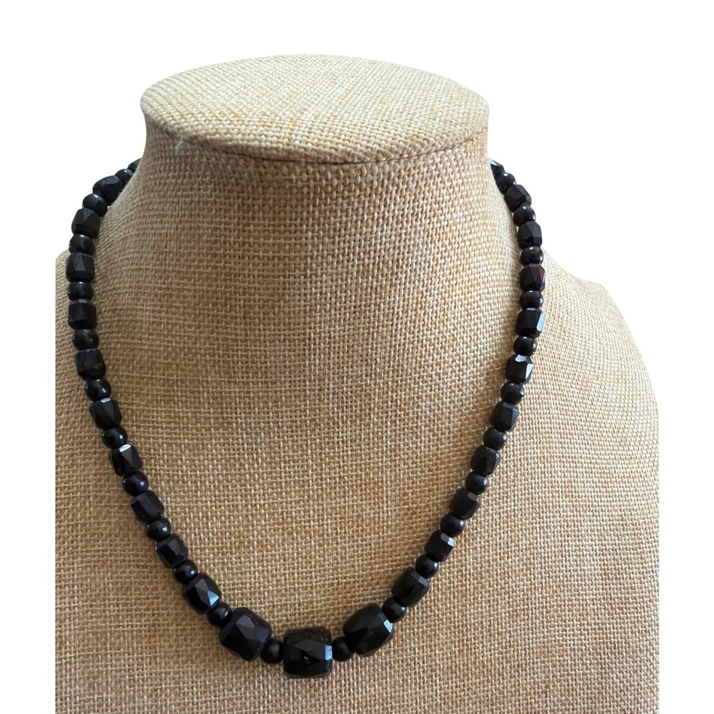 Vintage Black Faceted Beaded Graduated Statement Necklace Goth Dark Romance